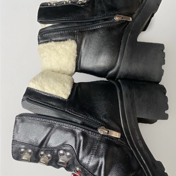 NINE WEST Black Vegan Leather Faux Fur Chunky Heel Winter Snow Boots Women’s 8 M - Picture 8 of 10